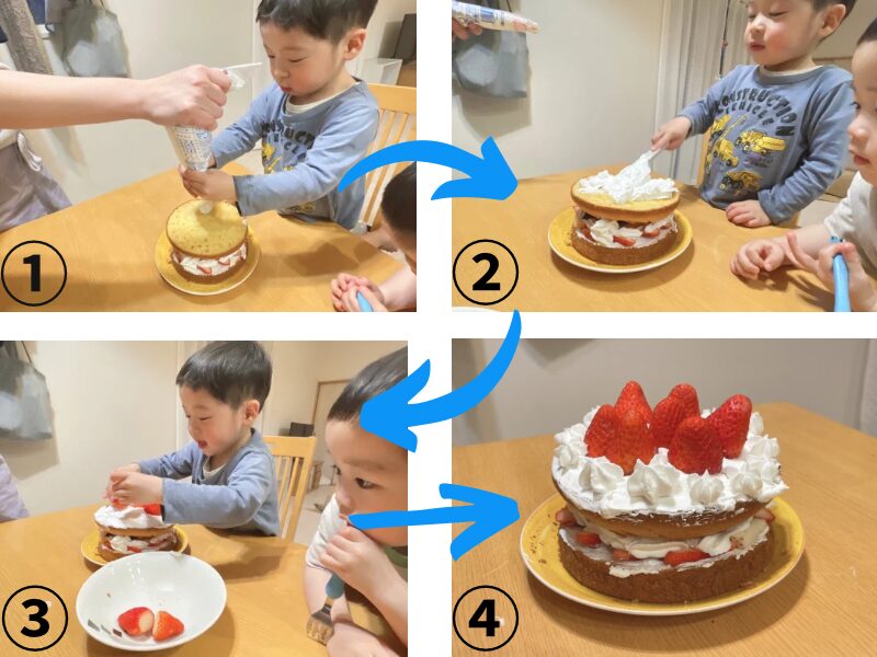 子どもがケーキの生地の上に苺と生クリームを盛りつけている